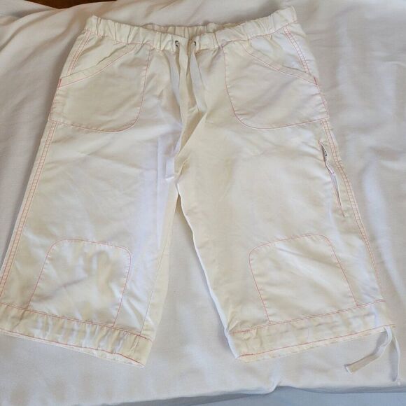 Chino Capri Pants Fu-Da Medium Y2K Cream drawstring ties pull on pockets EUC - Picture 1 of 9